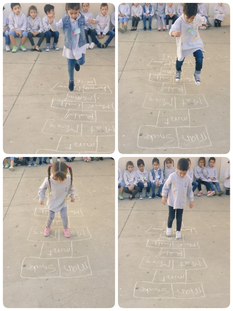 diana_danab's tweet photo. KG3C identifying words that start with letter M through the hopscotch chalk game. #gross_motor  #letter_M #learning_is_fun @DawhaHighSchool https://t.co/yoAkg0TQyx