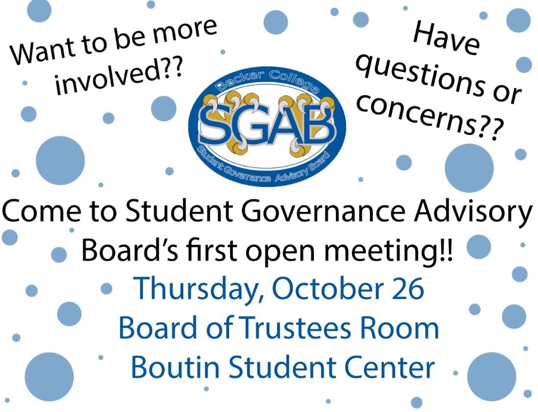 Becker_SGAB's tweet photo. Do you have comments or concerns?? Come to SGAB's general meeting TONIGHT from 6-7 p.m. in Boutin!! (across from the dining hall) https://t.co/TzbmUqKwmm