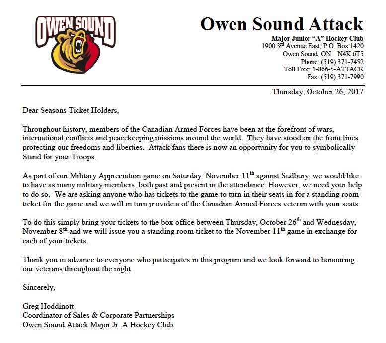 AttackOHL's tweet photo. SEASON TICKET HOLDERS:

Will you #StandForOurTroops?

Help us honour our military on Remembrance Day. https://t.co/dwxTkoM4xJ