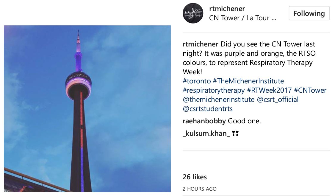 MikaRRT's tweet photo. The CN Tower lit up purple & orange for #RTweek2017. Thanks @MichenerInst RT students Instgram post & @RTSociety_ONT #RespiratoryTherapist. https://t.co/FGNuTN0ns2