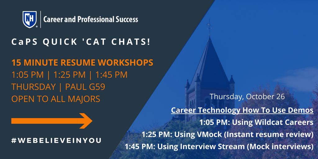 UNHCaPS's tweet photo. Today for our Quick 'Cat Chats in @UNHPaulCollege we're talking about Career Technologies and how to make them work for you #WeBelieveInYou https://t.co/eH66eBkBbL