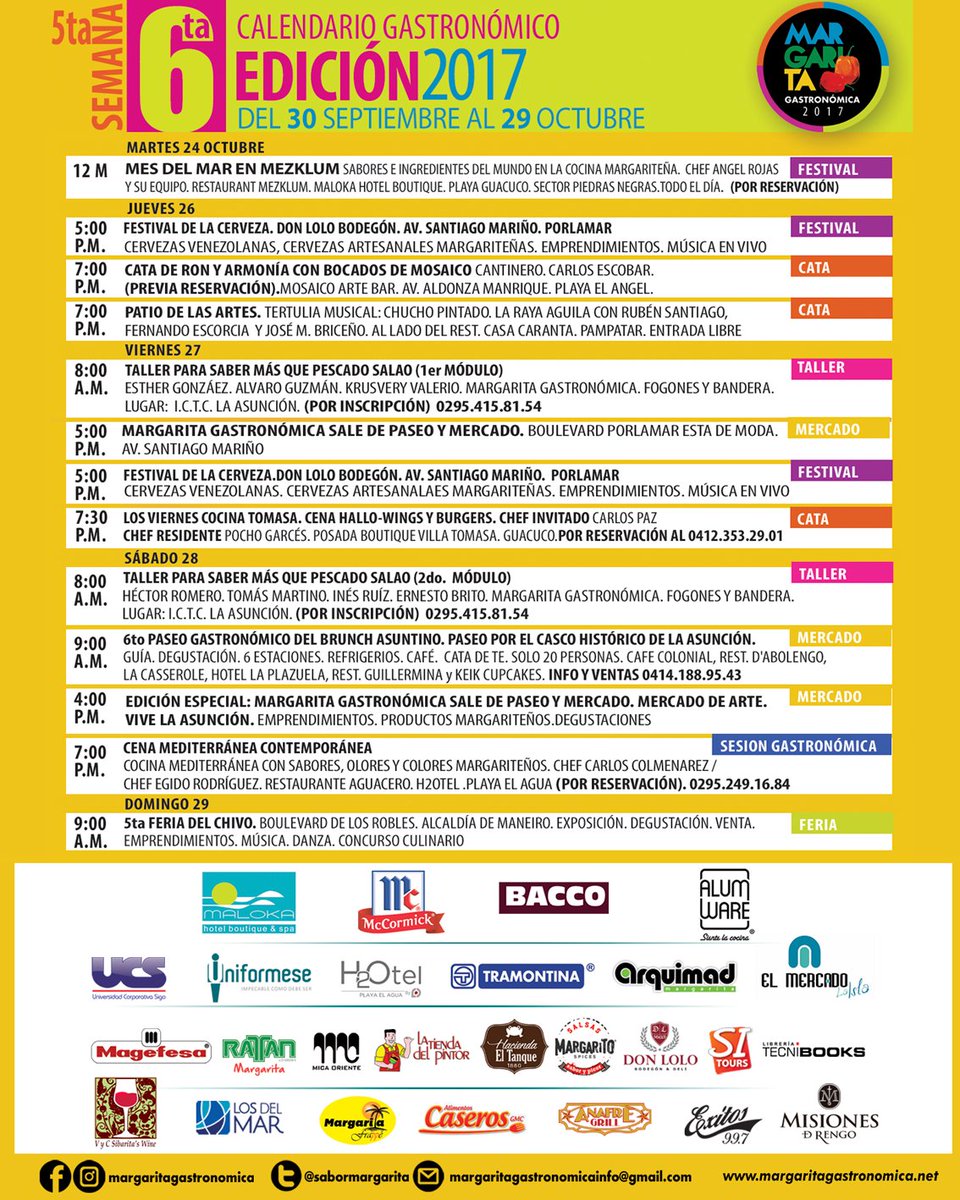 SaborMargarita's tweet photo. Aquí el CALENDARIO SEMANA FINAL de nuestro 6to Festival #MargaritaGastronomica https://t.co/1eiYRReUbw