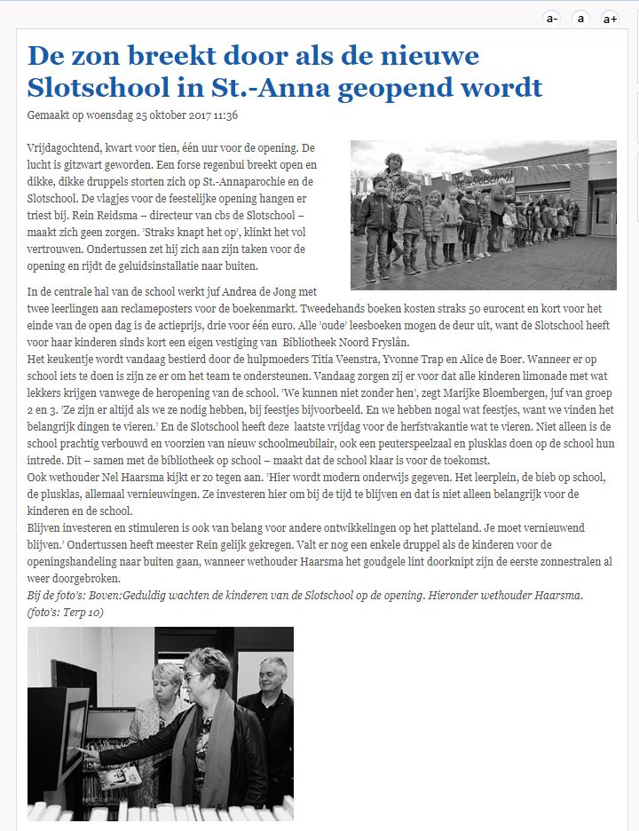 Terp_10's tweet photo. Voor de herfstvakantie heropende wethouder Nel Haarsma de fraaie Slotschool in St Annaparochie. Wij verzorgden n reportage in woord en beeld https://t.co/qo3NszTPrt