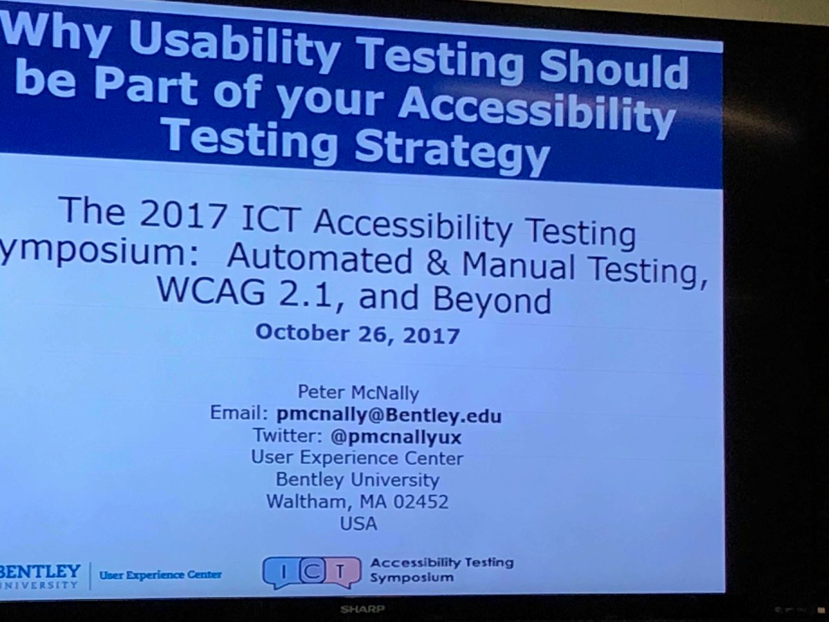 edaccessible's tweet photo. Excellent presentation by @PeterMcNallyux from Bentley University at #a11ytesting17 #usability @eSSENTIa11y https://t.co/9OfhFSUcLi