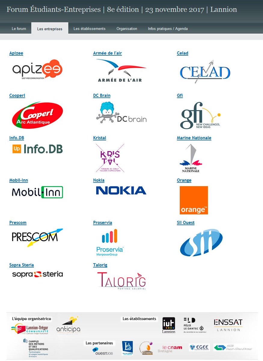 ForumEE_Lannion's tweet photo. 8e édition, sont déjà inscrites : @apizee, @Armee_de_lair, #Celad, #Cooperl, #DCBrain @gfiinformatique, #infoDB, @kristal_fr, @MarineNationale, @MobilInn, @Nokia, @orange, #Prescom, @PROSERVIA, @sii_ouest, @SopraSteria_fr, @TALORIG 👍 https://t.co/nInUnuVknZ
