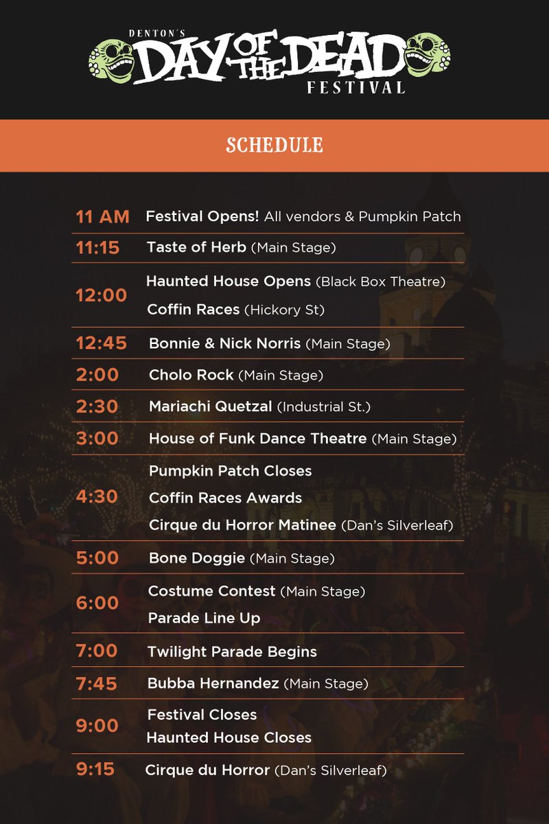 DentonDODFest's tweet photo. The official 2017 schedule for Denton's Day of the Dead Festival is finally here! Anyone else getting excited for Saturday the 28th? https://t.co/F201nlcJhv