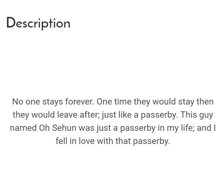  Passerby Angst, sweet Completed Sehun x ocThis story is so made awwwww :')) http://www.asianfanfics.com/story/view/997829/passerby-angst-romance-originalcharacter-exo-sehun
