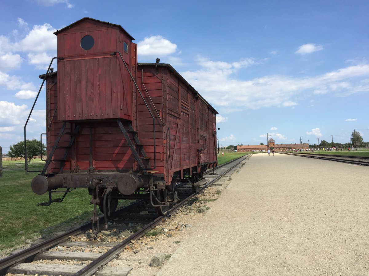 mar3west's tweet photo. train at auschwitz-- such a beautiful day to be in such a sad place @UVicAnthro #anth485 https://t.co/UDWoeUK5Iz