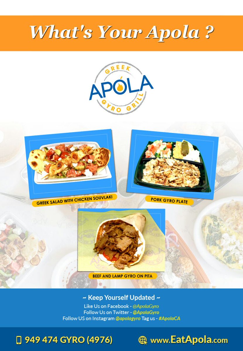 ApolaGyro's tweet photo. What’s ur Apóla? Get ur meal as authentic as you’d like or build it ur way!#apolaCA #greekfood #authentic #gyrotime #apolastyle #California https://t.co/PHjqNjnTHC