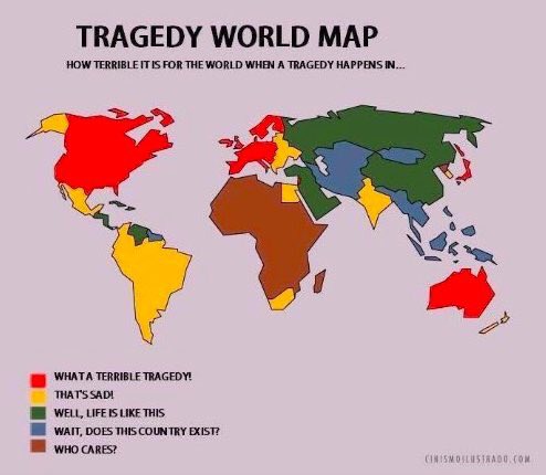 World’s biased attitudes towards terrorism and other tragedies. This shameful map says it all.