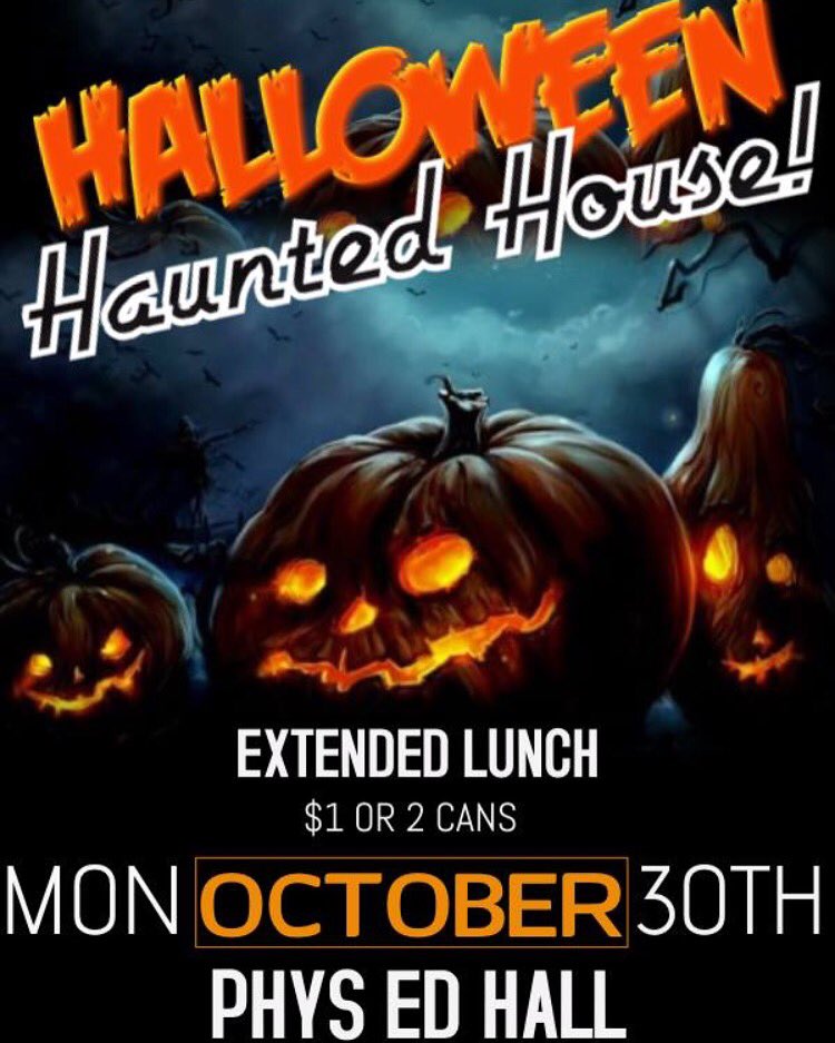 JFFSAnnouncemen's tweet photo. HEY JAGS! One of SAC's biggest events, Haunted House is happening next Monday! Bring a dollar or two cans for entry. https://t.co/yGZGVTQCzM