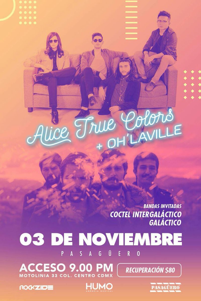 pasaguero's tweet photo. te esperamos el 3 de Nov. para escuchar en vivo a #AliceTrueColors + #OhLaville en #Pasaguero https://t.co/rhVD2qtETS