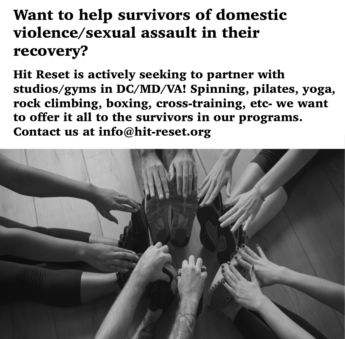 hitresetorg's tweet photo. #fitfam- Any studios/gyms want to partner w/501c3 nonprofit and help survivors of #DV #sexualassault rebuild? #domesticviolence #dvawareness https://t.co/6fxKAFBEgp