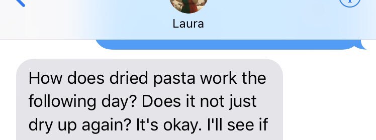 rob_woodrow's tweet photo. Genuine text from @lalawalks1 serious questions must be asked! Have you really been a student without having leftover pasta for breakfast? https://t.co/ALwoRoIRFR