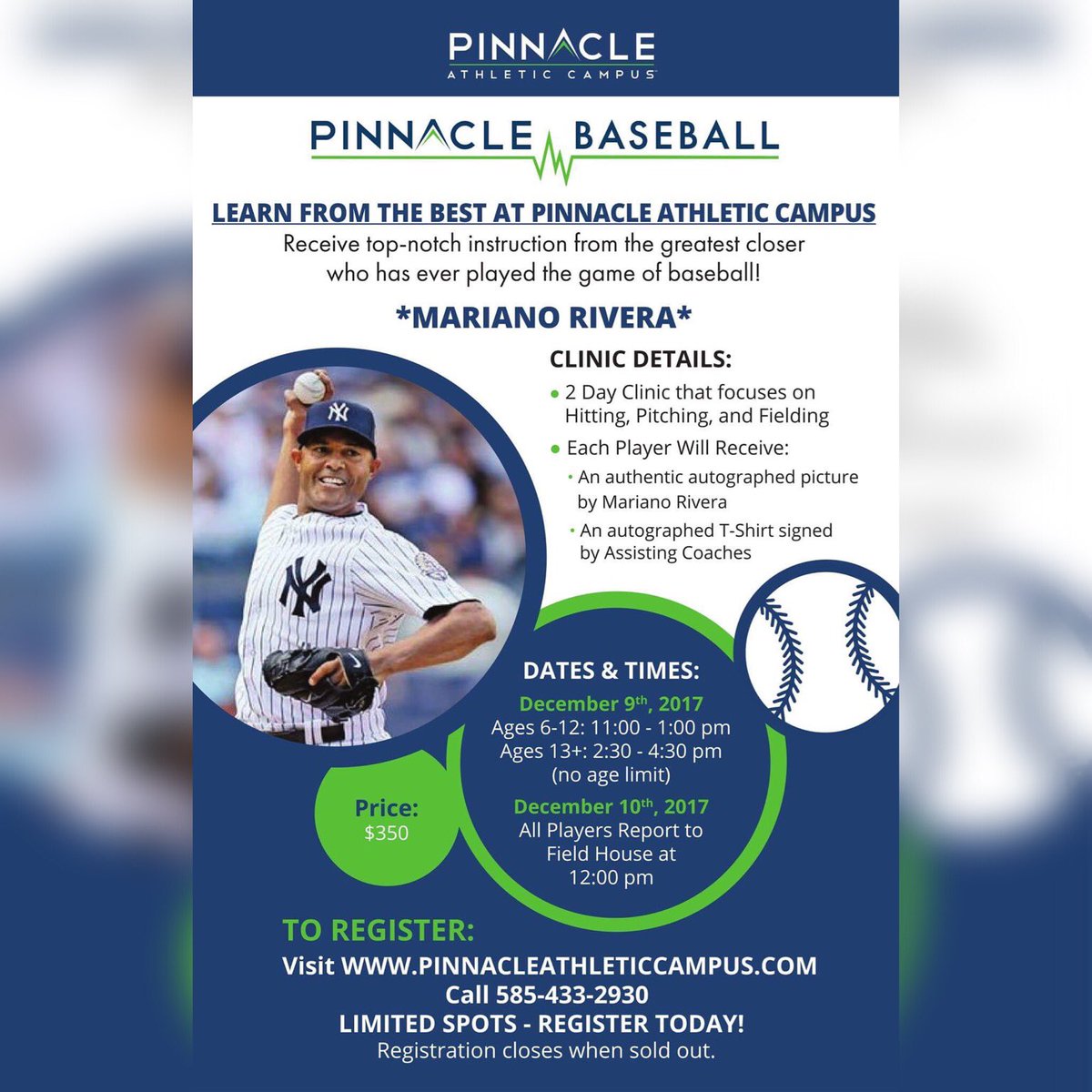 <a href="/Pinnacle_Roc/">Pinnacle Athletic</a> hosts <a href="/Yankees/">New York Yankees</a> Hall of Fame Pitcher <a href="/MarianoRivera/">Mariano Rivera</a> for a top notch clinic December 9th and 10th sponsored by @champevent