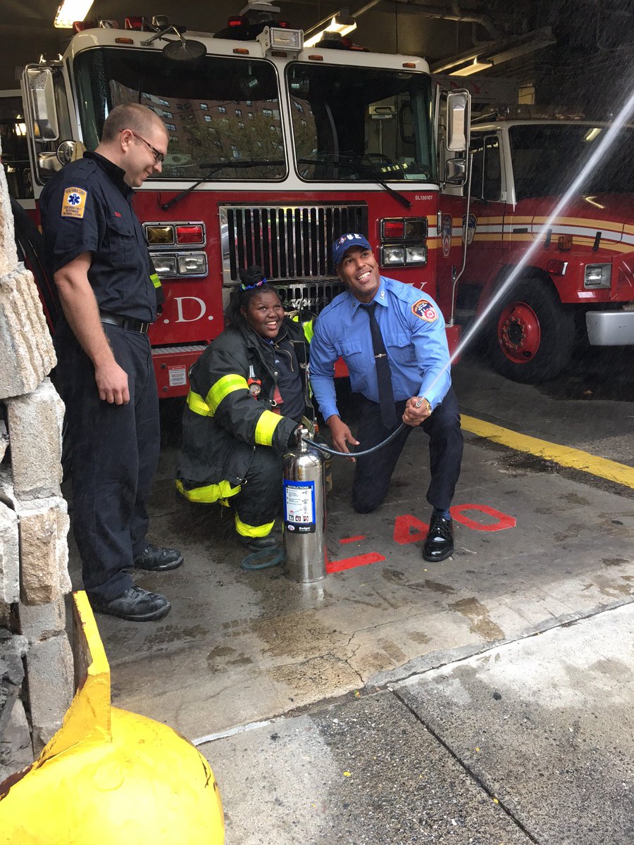 FDNY's tweet photo. Honorary #FDNY FF Jamoneisha Merritt reports to #Engine37 #Ladder40 for her first day of work https://t.co/V9Ilr4judI