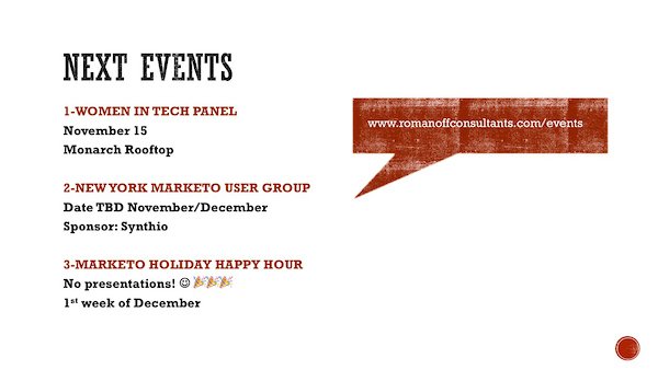 insideromanoff's tweet photo. Take a look at our upcoming events! Next up, a @marketo panel on women in marketing! #NYMarTech https://t.co/a3RZQwrMNe