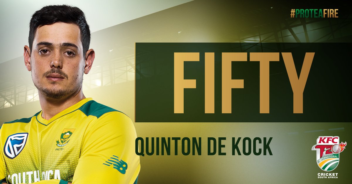 ProteasMenCSA's tweet photo. De Kock klaps the ball away for 6 and brings up his 2nd T20 International 50! SA 122/2 #ProteaFire https://t.co/My1kea3OBL