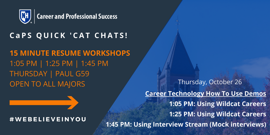 UNHCOLACareers's tweet photo. Career Technologies How-To Workshops starting at 1:05 in Paul G59. Open to all students! 15 minutes is all you need. https://t.co/YoDhm9cyS2