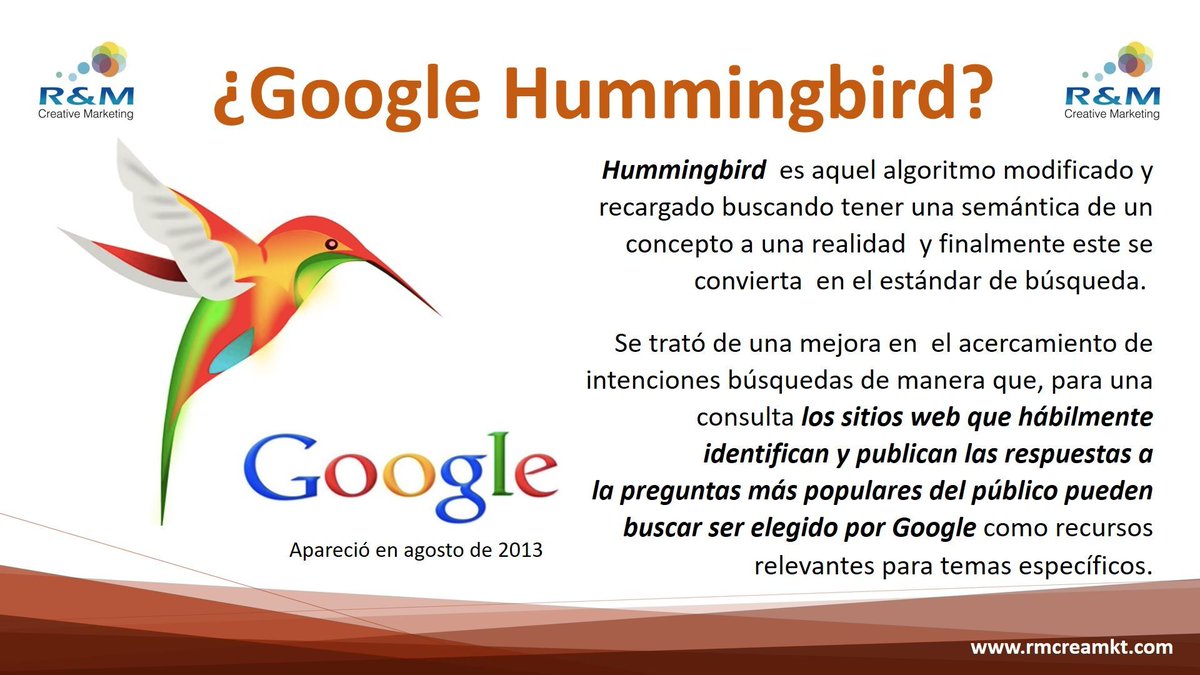 rm_creamkt's tweet photo. #Google #Hummingbird un algoritmo que será necesario aplicar si buscamos presencia en internet.
https://t.co/cMByOwFjRU
FB: @rmcreamkt https://t.co/9QAUsSGe9m