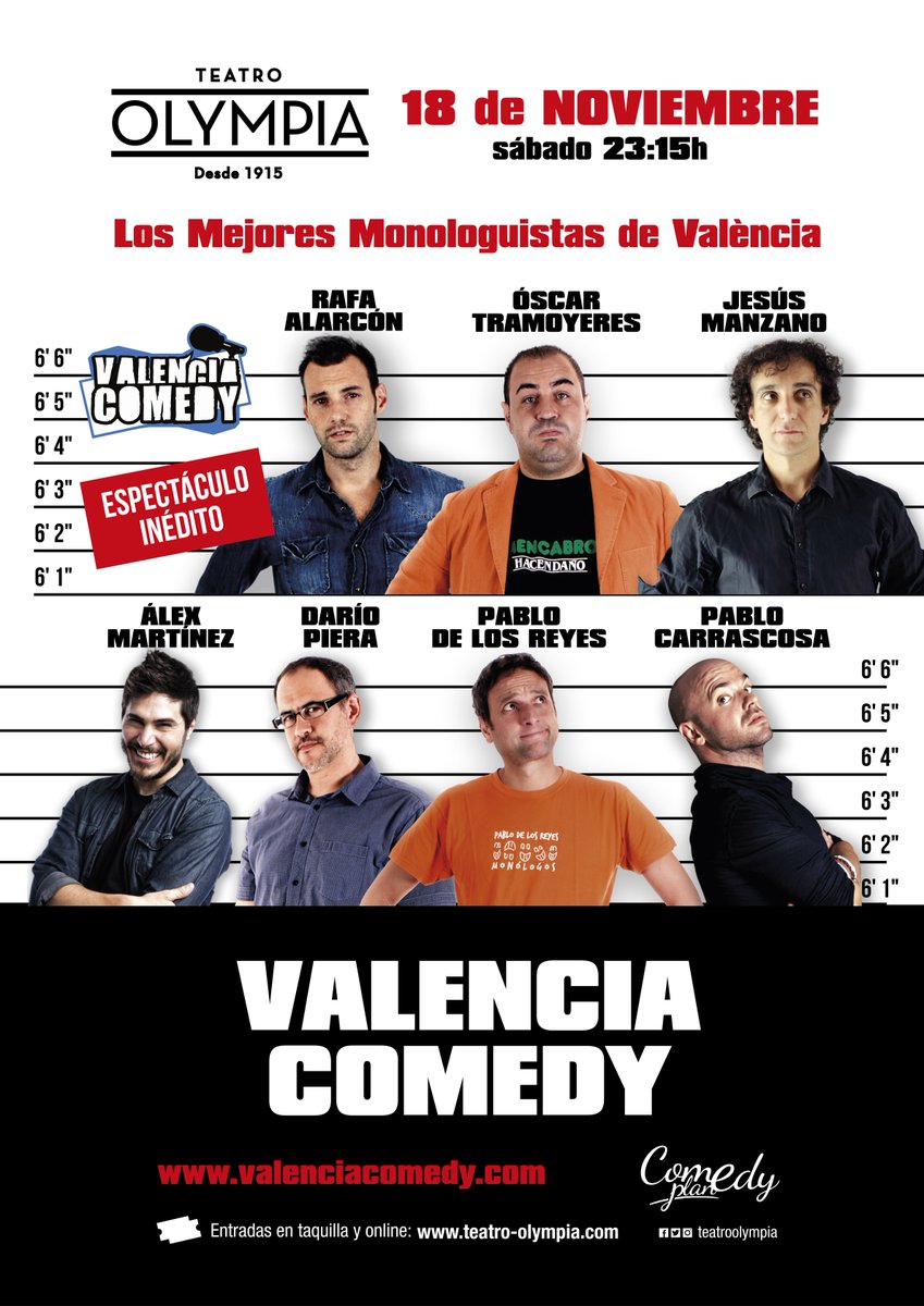18 nov <a href="/RafaAlarc/">Rafa Alarcón</a> <a href="/OscarTramoyeres/">Oscar Tramoyeres</a> <a href="/jesusfmanzano/">jesús f. manzano</a> <a href="/puncallao/">Alex Martínez</a> <a href="/dariopiera/">Darío Piera</a> <a href="/pablodelosreyes/">Pablo de los Reyes</a> <a href="/elpajaropablo/">Pablo Carrascosa</a> 
🎙️ bit.ly/ValenciaComedy