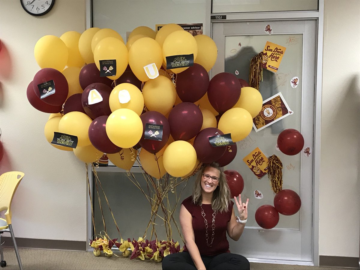 Sundevil4lif's tweet photo. Happy Homecoming ASU! May the fork be with you ;) #asu #asuhomecoming #prouddevil #asualumni #maroonandgold #sundevil #office #balloons https://t.co/xUzwD8wKKo