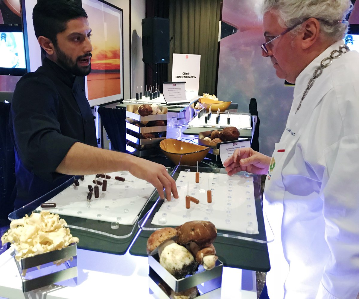 One of the <a href="/CREAest1971/">CREA</a> chefs, Noor Siyal, at the cryoconcentration demo station (mushroom!) with <a href="/chefjld/">jean-louis dumonet</a> at our Sous-Vide magazine launch.