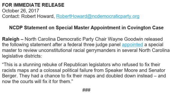 RobertWHoward's tweet photo. Full @NCDemParty statement on special master #ncga #ncpol https://t.co/g61oaICISn