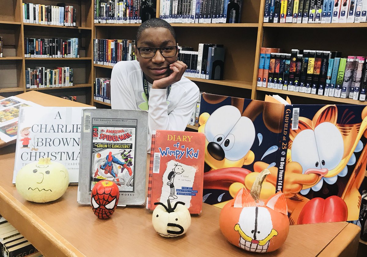 JTWestLibrary's tweet photo. #BookPumpkins are back! Stop down to see Garfield, Spider-Man, & more. #librarylife @Walshlibrarian https://t.co/Zyf7FsigR3