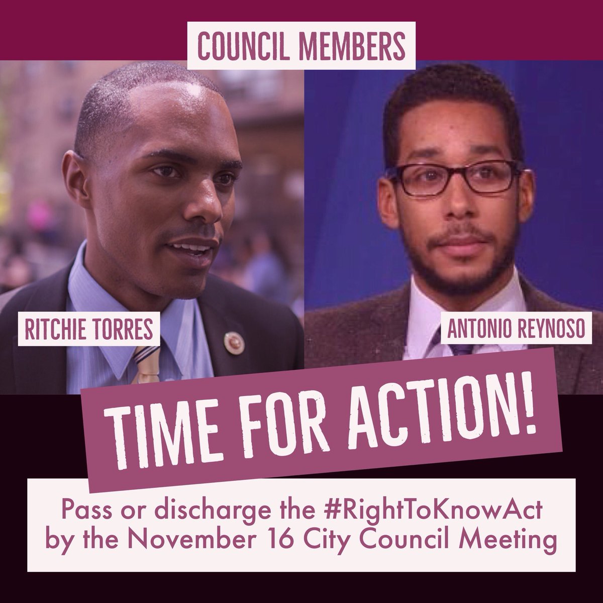 thisstopstoday's tweet photo. NYers are giving @RitchieTorres &amp; @CMReynoso34 a deadline:

By Nov 16th, pass or discharge #RightToKnowAct. 

No more delays. https://t.co/boUrd022iJ