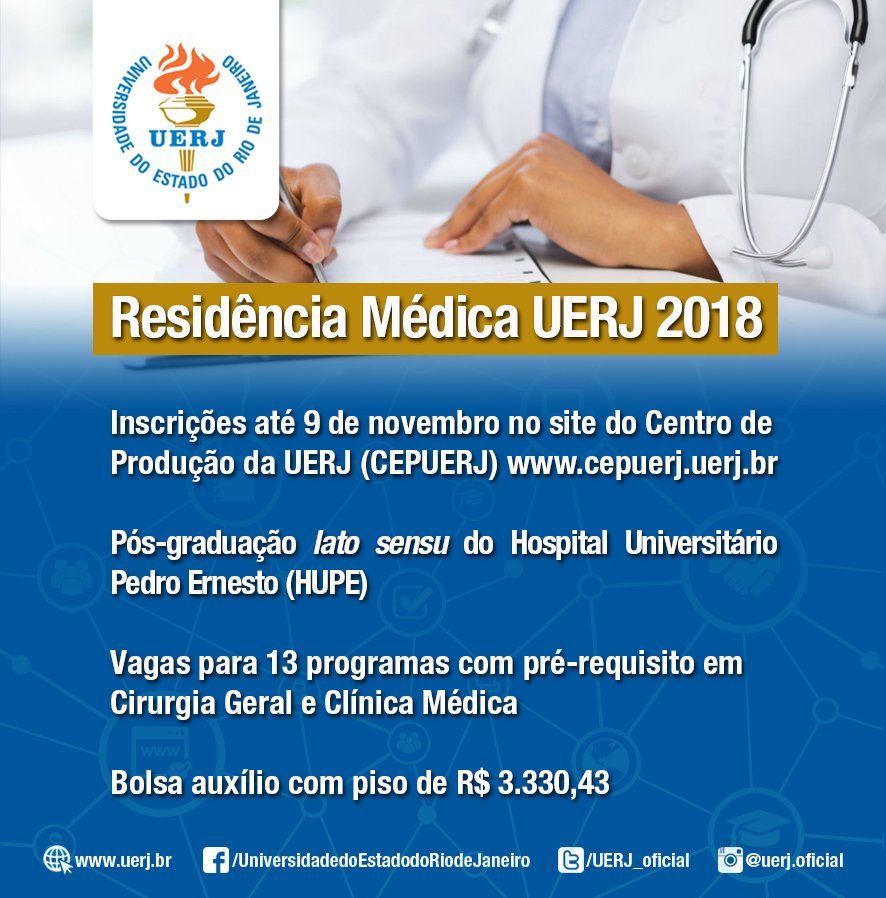 Inscrições abertas para seleção de candidatos ao primeiro ano de Residência Médica no HUPE para 13 programas com pré-requisito. Até 9/11.