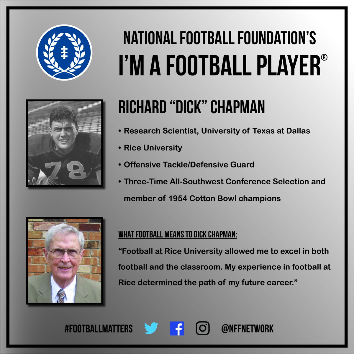 NFFNetwork's tweet photo. I'm A Football Player: Dick Chapman, @RiceFootball OT/DG &amp; @UT_Dallas Research Scientist #FootballMatters #ImAFootballPlayer https://t.co/xtR9iiFuZf