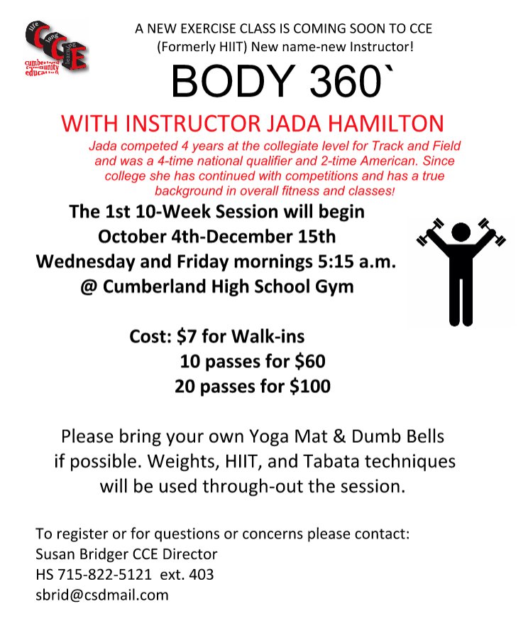 CumberlandCEd's tweet photo. #Riseandshine, #Cumberland. Start your day tomorrow with the #Body360 #exercise class. https://t.co/VUBAJoz17k