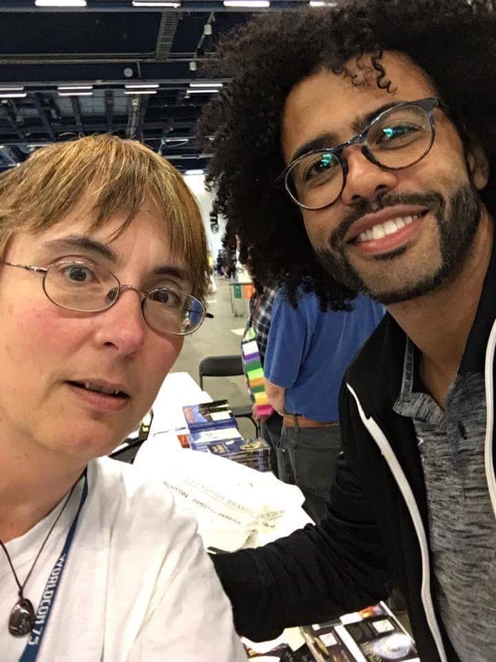cathyhsweeney's tweet photo. Author @lauragoodin (After the Bloodwood Staff & Mud and Glass) & @DaveedDiggs (#clppng & #Hamilton ) at #worldcon75 https://t.co/nU2L40W0nT