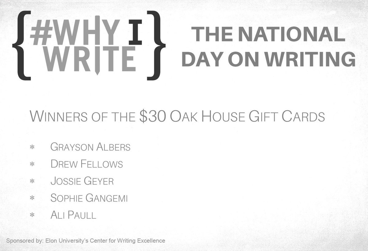 ElonCWE's tweet photo. CONGRATULATIONS to our National Day on Writing Winners! #elonwrites #WhyIWrite https://t.co/04WGdTNEXc