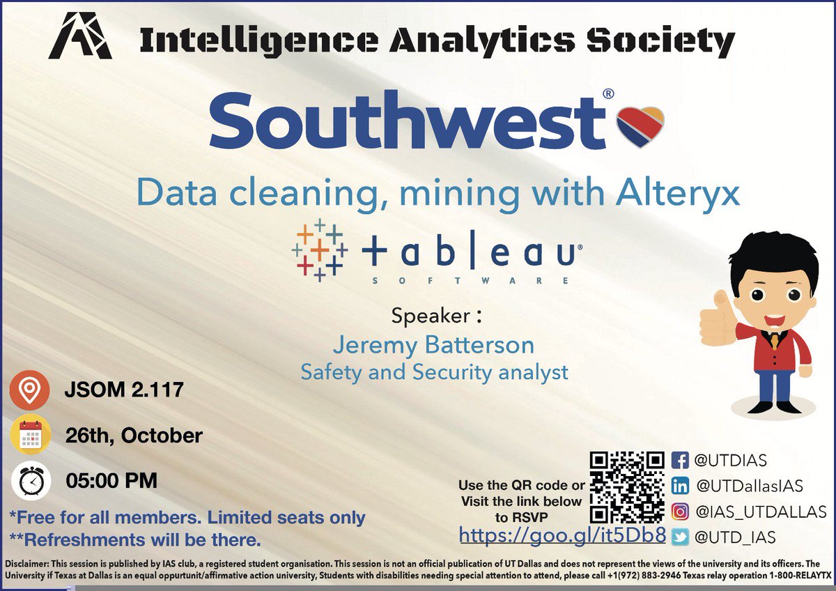 utd_ias's tweet photo. Excited to see you today in JSOM 2.117 today at 5 pm in Tableau and Alteryx event organized by IAS.. https://t.co/rAQuN3kmsW https://t.co/nSyGvh6W7f