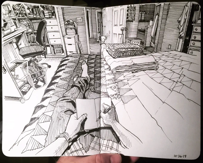 The bedroom. #TWSBI fountain pen, Carbon ink, #stillmanandbirn Epsilon sketchbook. Quilt by @lindamade :) 
