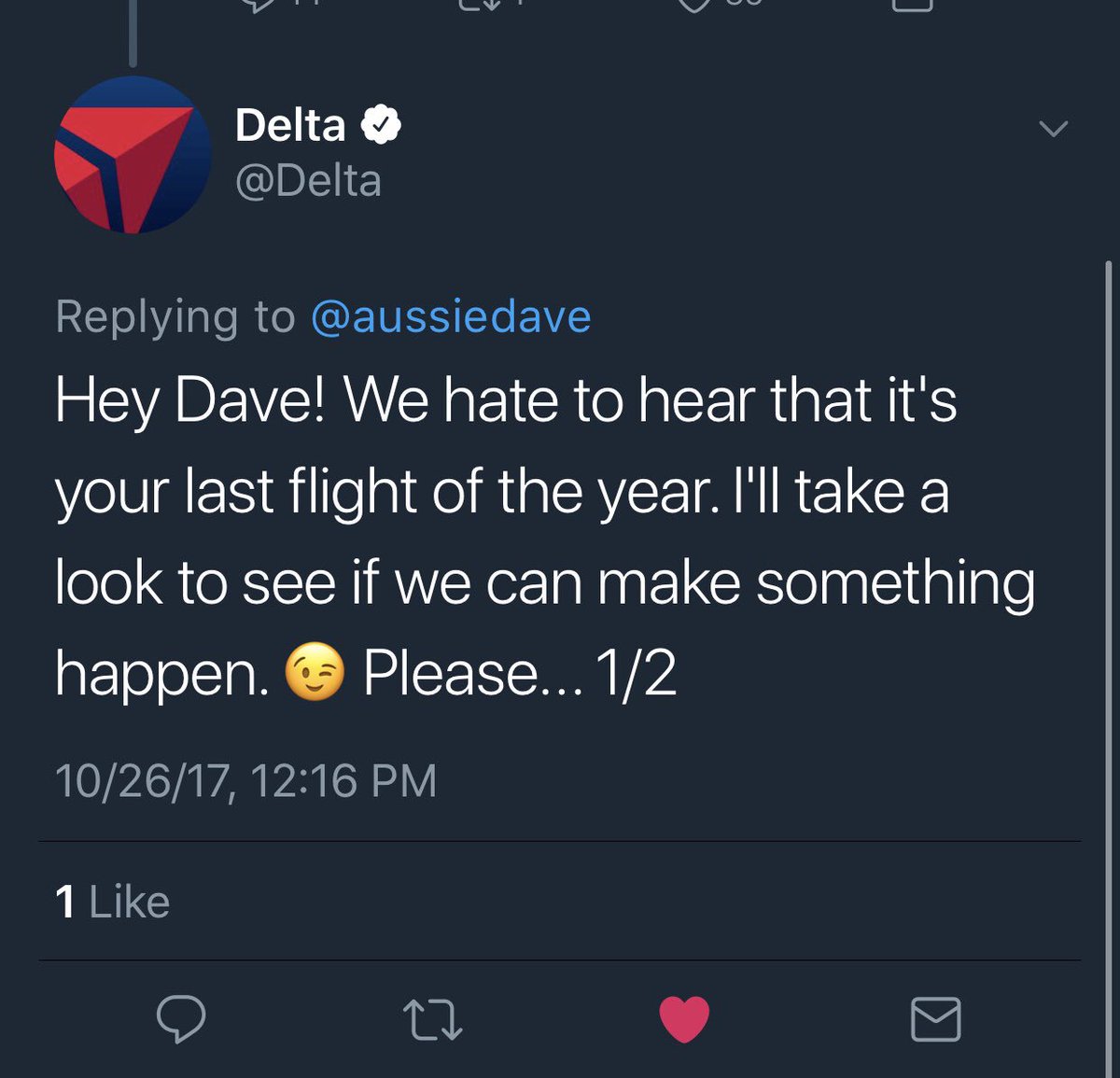aussiedave's tweet photo. Hey everyone. @Delta reached out and are gonna see what they can do. You all ROCK! #UpgradeDave https://t.co/ClF54rxHqR