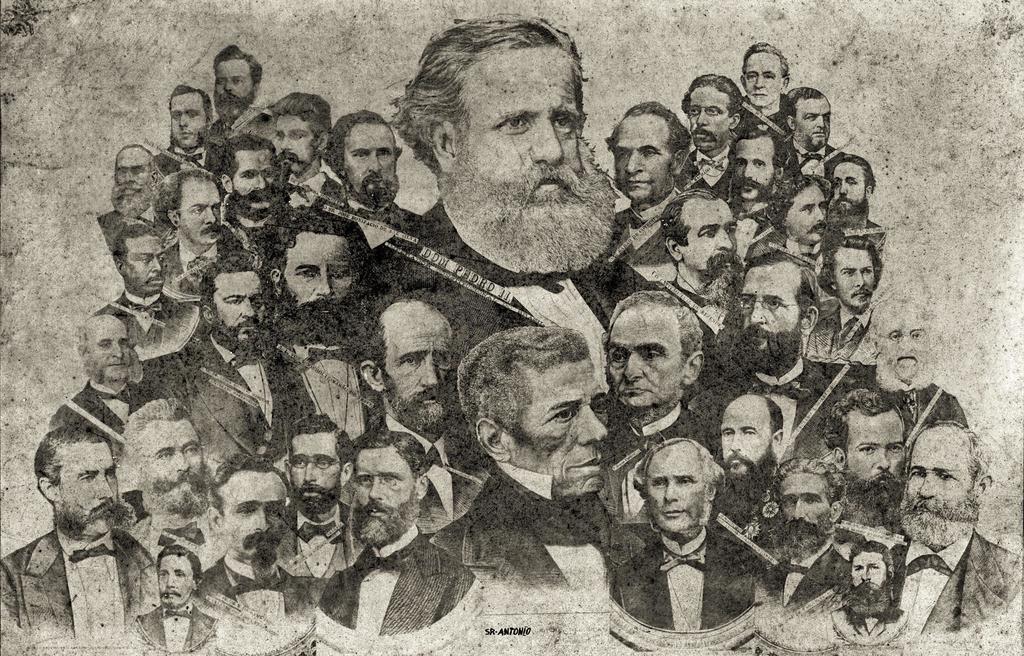 Picture of Pedro II of Brazil  in 1875 surrounded by the main Brazilian politicians and intellectuals of the time.