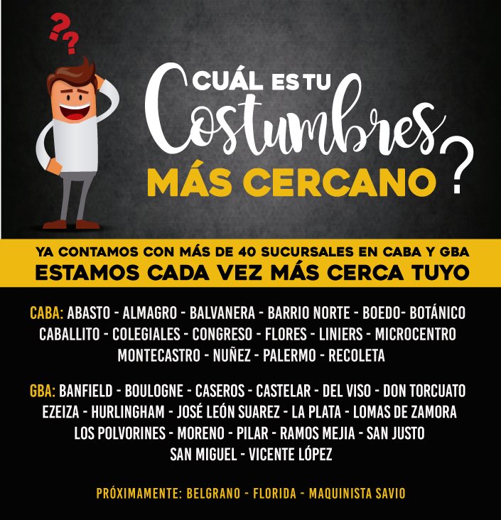 * COSTUMBRES CADA VEZ MÁS CERCA TUYO *
Conocé nuestras sucursales ingresando a costumbres.com.ar/sucursales