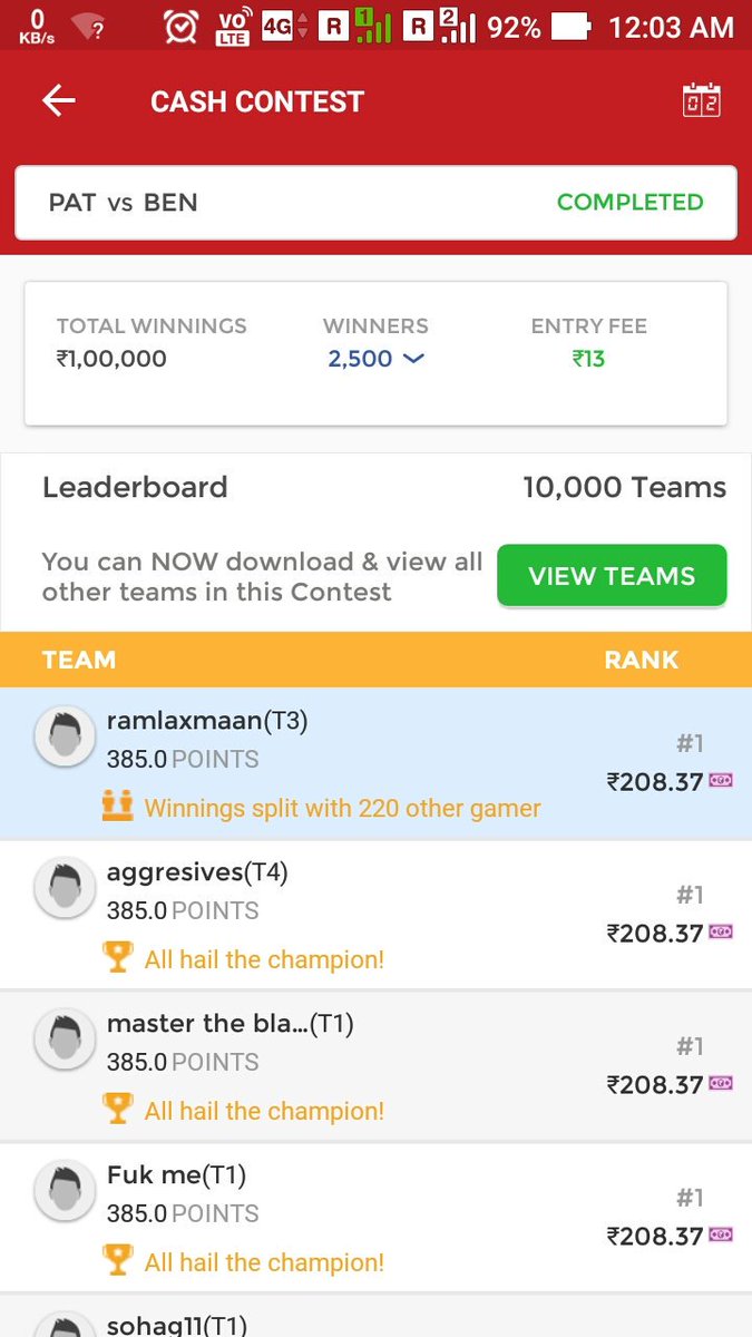 FantasyKabbaddi's tweet photo. guyys I won a grand league in today's match #patvben.
hope u won too.
#bestteamever. https://t.co/lR0qYO1WC6