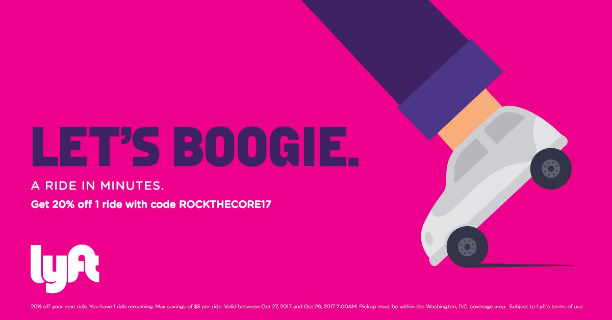 Calling all <a href="/Lyft/">Lyft</a> users! Use code ROCKTHECORE17 for 20% off 1 ride (up to $5) &amp; check out the Lyft activation at RTC this weekend! #lyft #ad