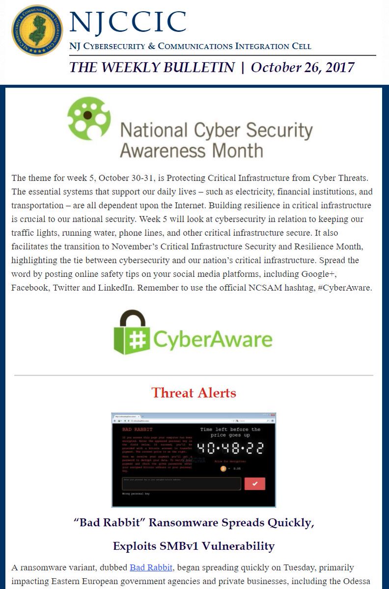 #BULLETIN: #CyberAware Month; #Threats: #BadRabbit #Ransomware, Unsecured #IoT Devices, #Russian #APT Group #FancyBear #APT28, #Coinhive #DNS Server #Compromised; #DataBreach: #TarteCosmetics ++ #CyberAwareNJ #CyberAware #infosec #tech #cybersecurity t.e2ma.net/message/wn5drb…
