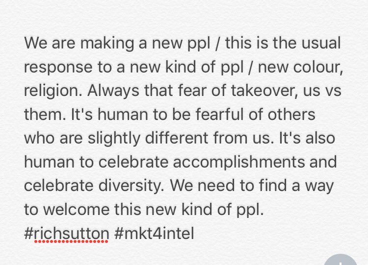 sats_ko's tweet photo. Wow - love #richsutton's perspective on welcoming AI and celebrating diversity of ability - not perpetuation us vs them attitudes #mkt4intel https://t.co/EpYTQIHuG3