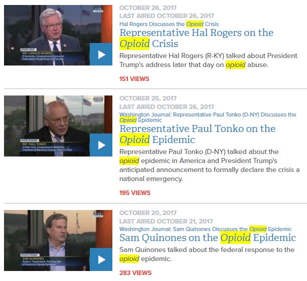 cspanwj's tweet photo. The WJ has done almost 30 segments about the #opioidcrisis in the last two years. Revisit what experts & your representatives had to say by clicking here ▶️ https://t.co/YniTQ3Qk7G #opioid #CSPANVL30 https://t.co/dO3U8dTdOt