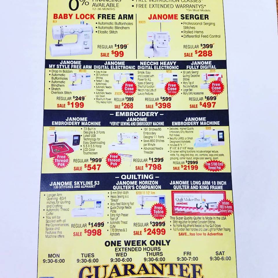 GuaranteeVacSew's tweet photo. #SewingMachine Warehouse sale is happening now! #ExtendedHours #Sale #Janome #necchi #BabyLock https://t.co/N6C21Iq2G5
