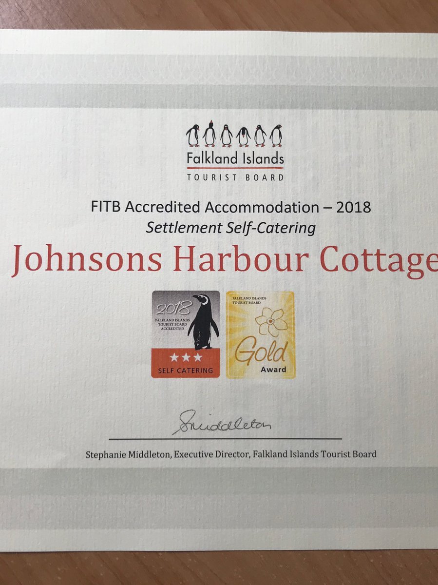 johnsonsharbour's tweet photo. Just received our new certificate from @FITBTourism #selfcatering in the #falklands #gold #happydays https://t.co/q9tw9AnKjy