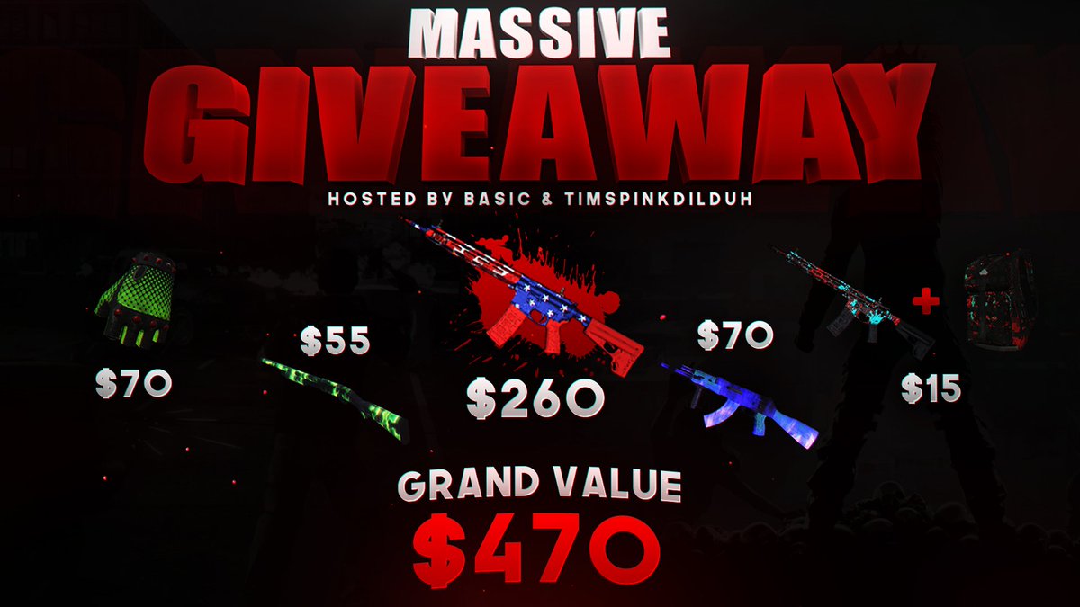 TimsPinkDilduh's tweet image. 🎉 HUGE GIVEAWAY! 🎉

Enter here: gleam.io/VYb83/h1z1-giv…

🇺🇸 Patriotic AR Grand Prize 🇺🇸

🔥 $470 overall value! 🔥

(Sponsored by @Daddy)