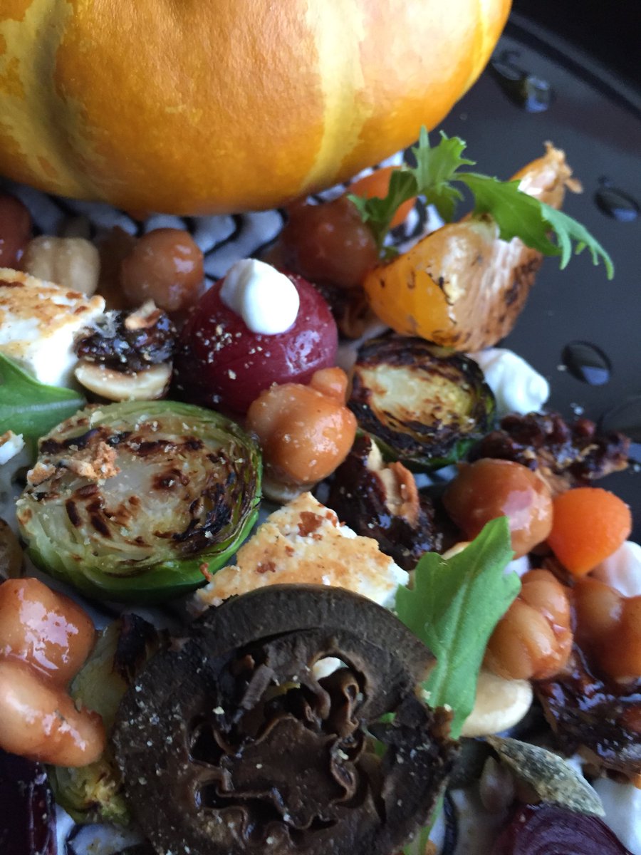 Smoke &amp; Sear,smoked bbq bean stew, pan seared feta cheese,red wine poached silver onions,candied and pickled home grown walnuts, #Halloween