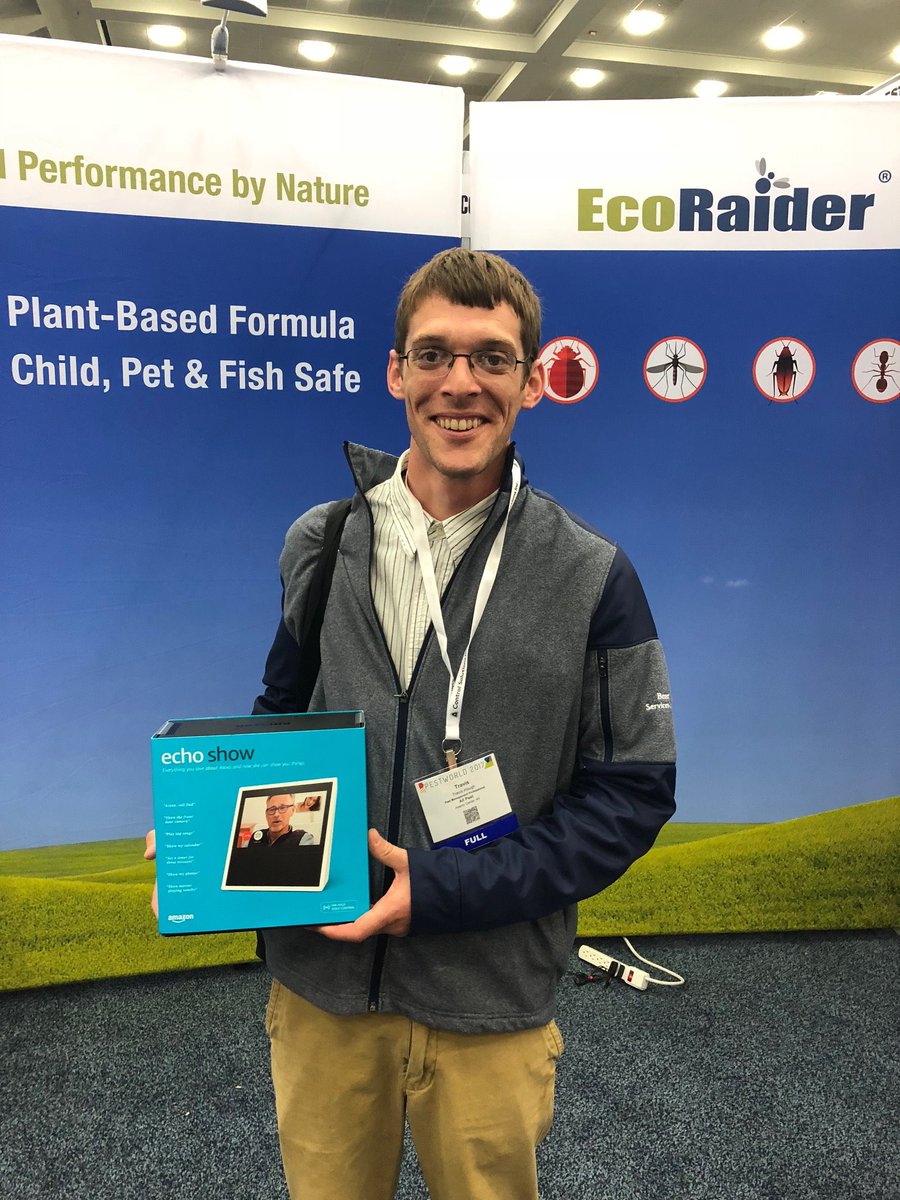 MyEcoVenger's tweet photo. Congrats to Travis Hough of All Pest for winning the Amazon Echo on day 3 of #PestWorld2017 - a wonderful show so far! #ecoraider #bedbugs https://t.co/j0XSBLGAuZ